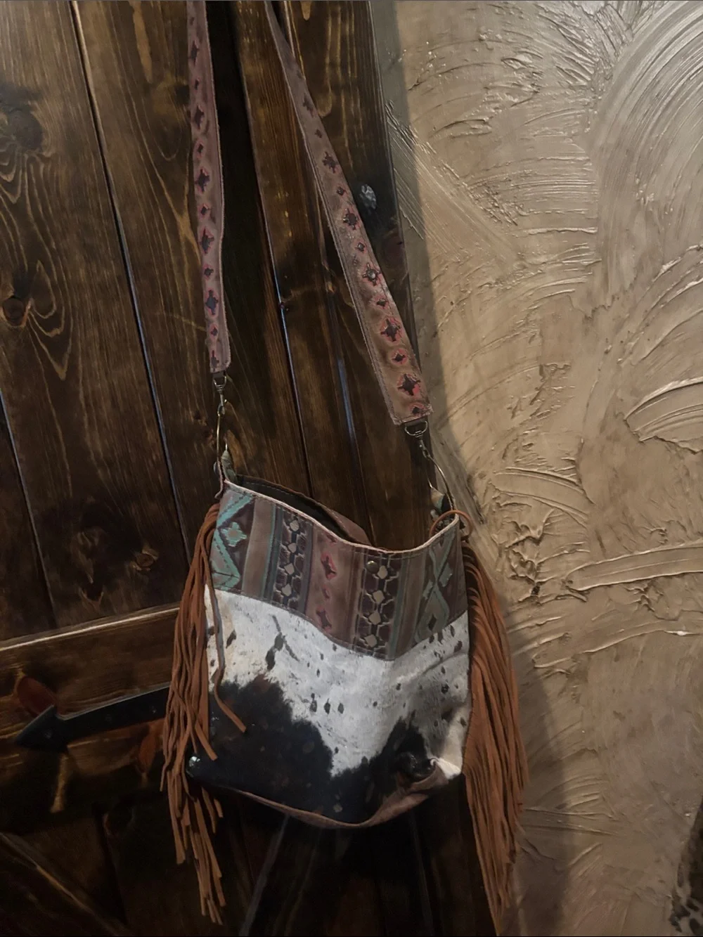 Source Unknown Brown, Cream & Turquoise Fringed Shoulder Bag